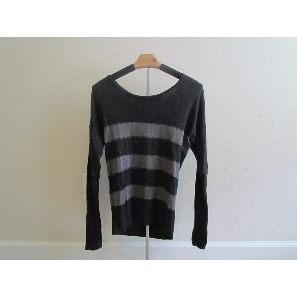 Ann Taylor LOFT Sweater XS Gray Striped Metallic Shimmer Scoop Neck Back Zip‎